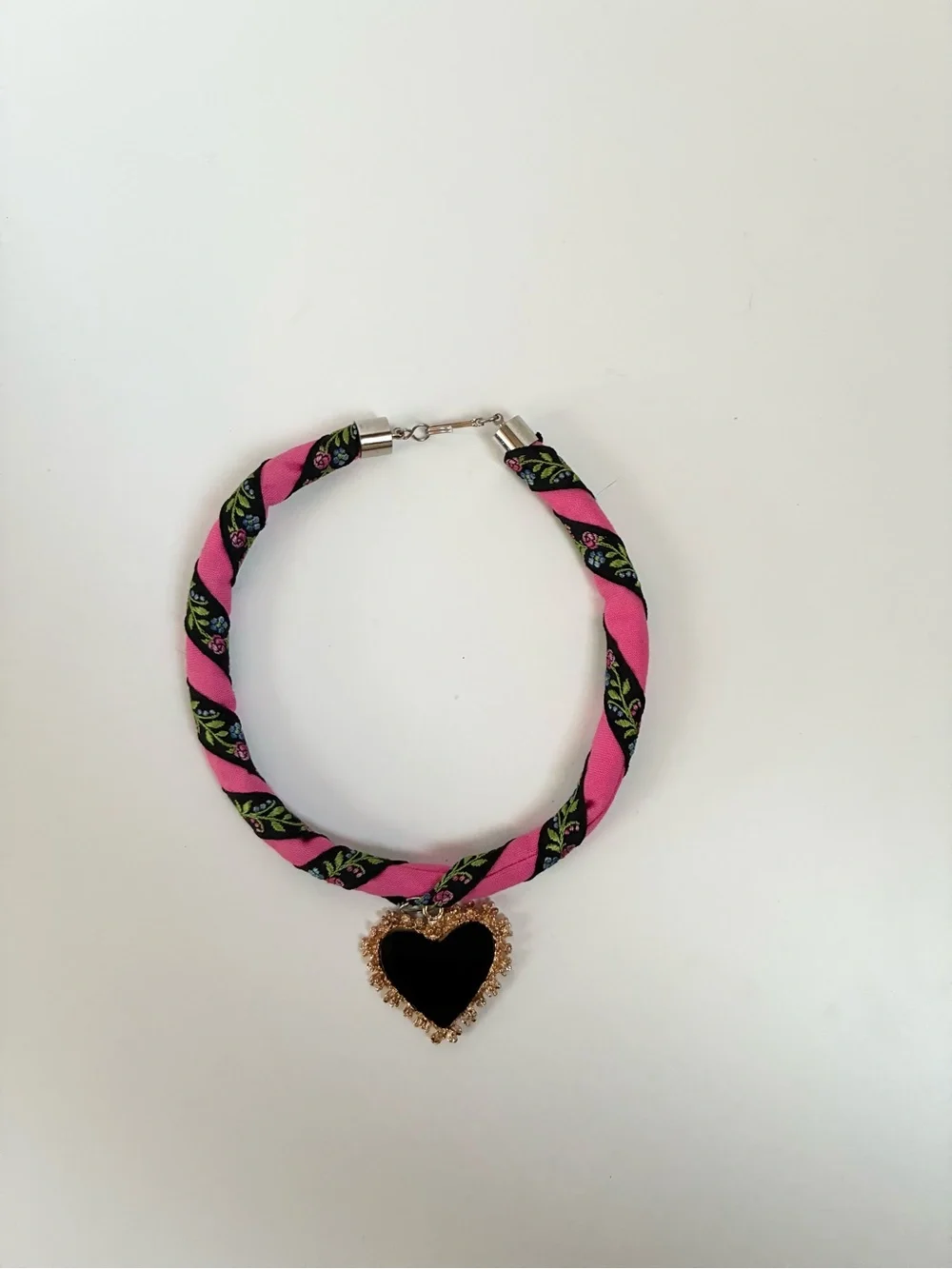 Pink Braided Heart Pendant Choker Necklace OS